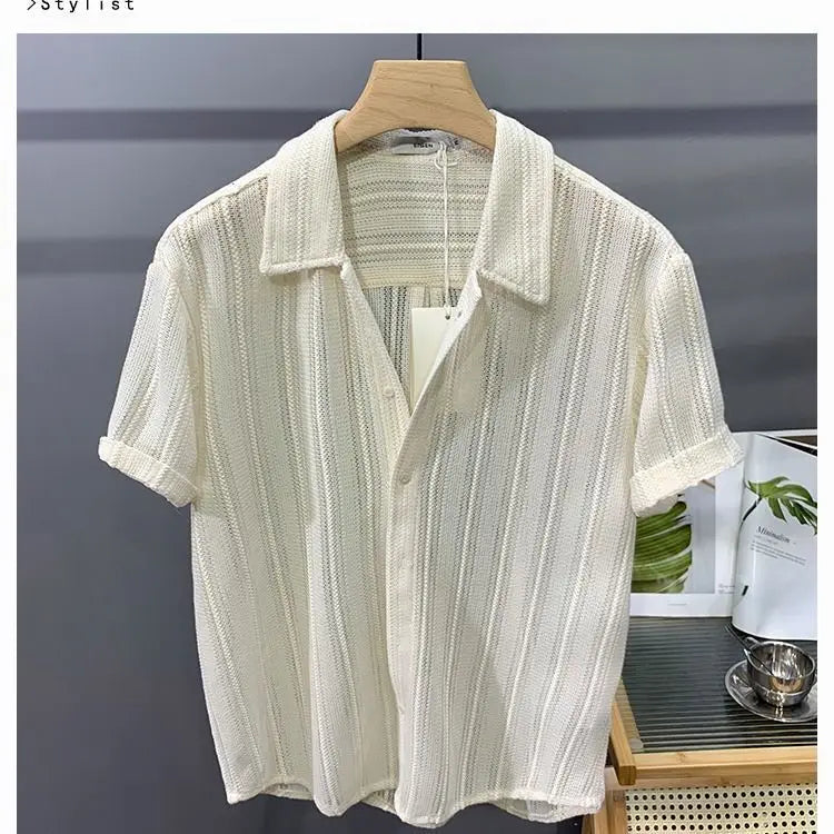 Hollow Short-sleeved Shirt Men's Summer Thin Fashion Handsome French Light Luxury Drooping Hawaiian Shirt Men's Shirt