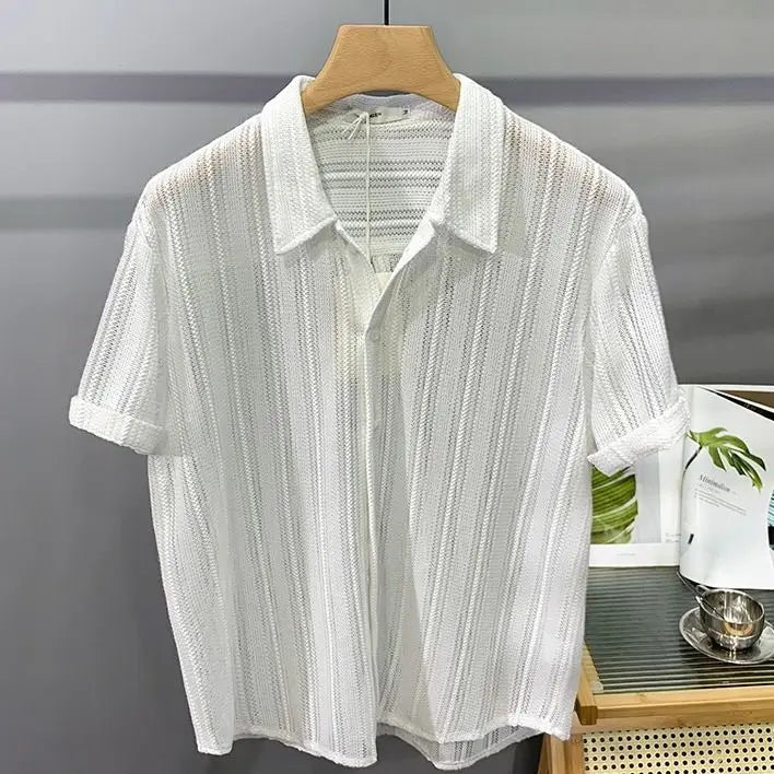 Hollow Short-sleeved Shirt Men's Summer Thin Fashion Handsome French Light Luxury Drooping Hawaiian Shirt Men's Shirt