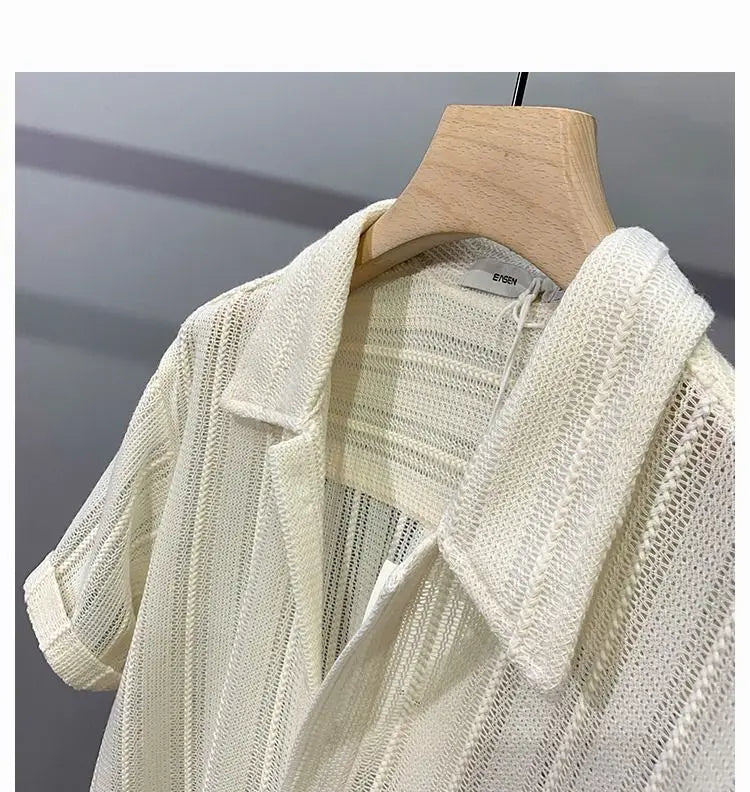Hollow Short-sleeved Shirt Men's Summer Thin Fashion Handsome French Light Luxury Drooping Hawaiian Shirt Men's Shirt